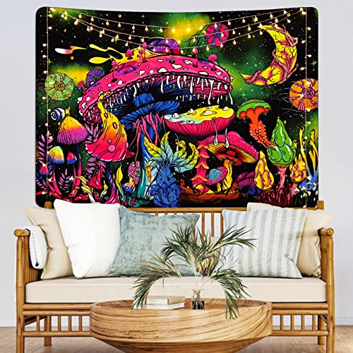 Mushroom Moon and Stars Plants Starry Night Sky Monster Tapestry Wall Hanging for Room