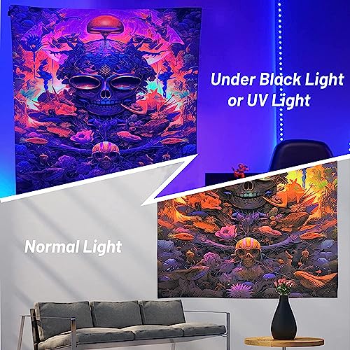Blacklight Tapestry Sugar Skull Halloween UV Reactive Trippy Neon Tapestries Glow in the Dark Party Backdrop,