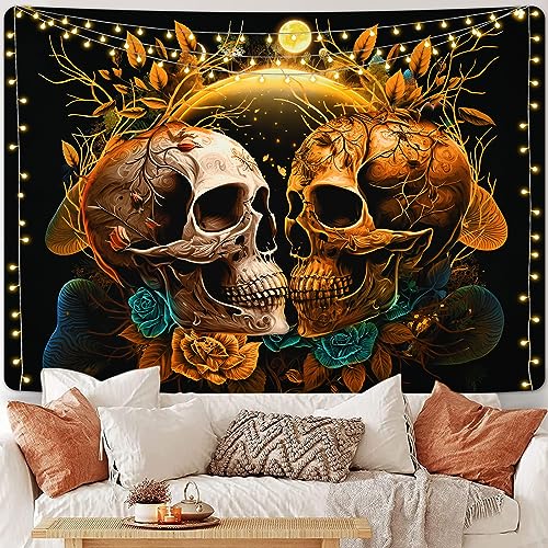 Skull Floral Tapestry Flowers Moon Plants and Leaves Tapestry Wall Hanging for Room, Bedroom