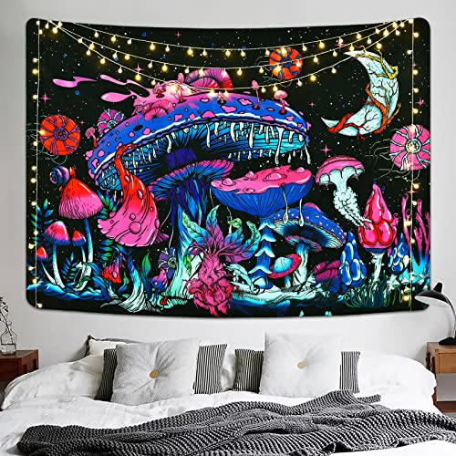 Mushroom Moon and Stars Plants Starry Night Sky Monster Tapestry Wall Hanging for Room
