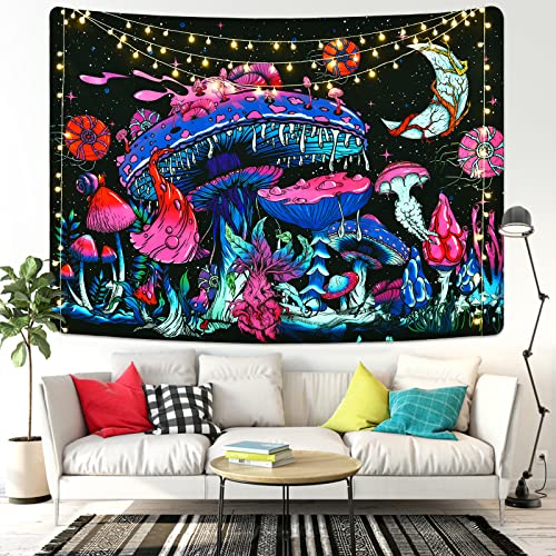 Mushroom Moon and Stars Plants Starry Night Sky Monster Tapestry Wall Hanging for Room