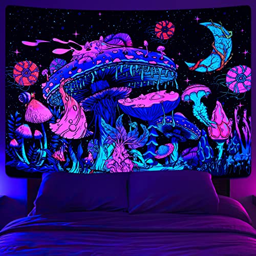 Mushroom Moon and Stars Plants Starry Night Sky Monster Tapestry Wall Hanging for Room
