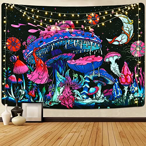 Mushroom Moon and Stars Plants Starry Night Sky Monster Tapestry Wall Hanging for Room
