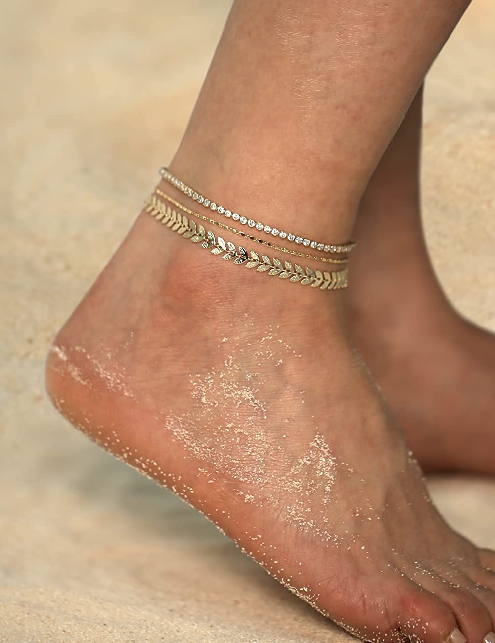 Gold Ankle Bracelets for Women 14k Gold Plated Layered Set 3Pcs, A-Yellow Gold-Tennis