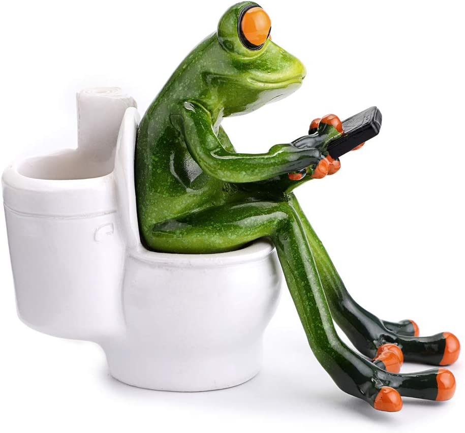3D Craft Frog Figurine Statue Pencil Holder, Funny Green Frog Texting On Toilet for Tabletop Decoration