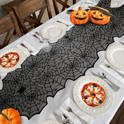 Table Runner, Black Lace Spider Web Table for Halloween Table Creepy Table Cloth