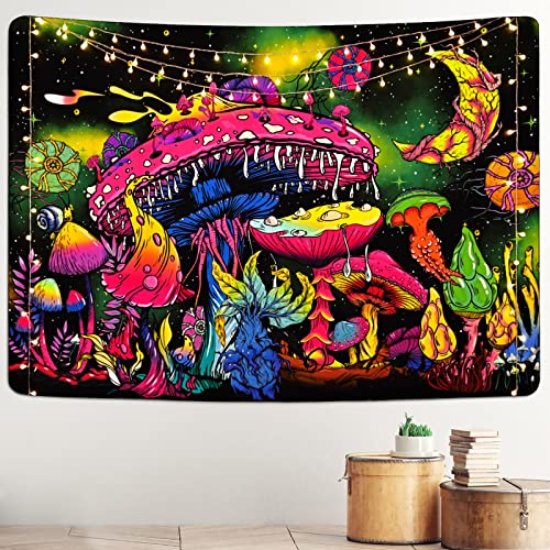 Mushroom Moon and Stars Plants Starry Night Sky Monster Tapestry Wall Hanging for Room
