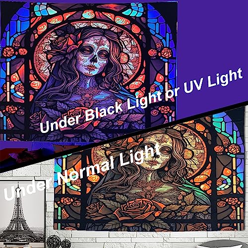 Blacklight Tapestry Sugar Skull Halloween UV Reactive Trippy Neon Tapestries Glow in the Dark Party Backdrop,