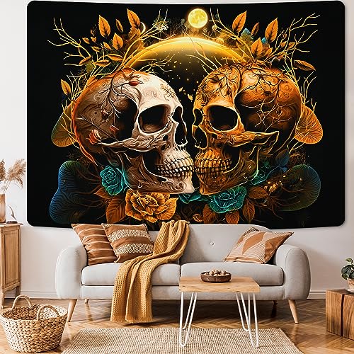 Skull Floral Tapestry Flowers Moon Plants and Leaves Tapestry Wall Hanging for Room, Bedroom