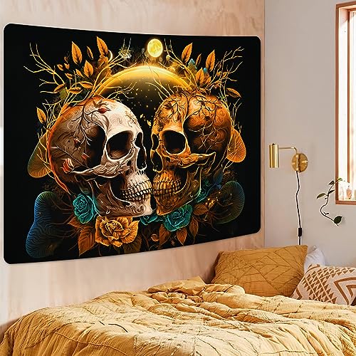 Skull Floral Tapestry Flowers Moon Plants and Leaves Tapestry Wall Hanging for Room, Bedroom