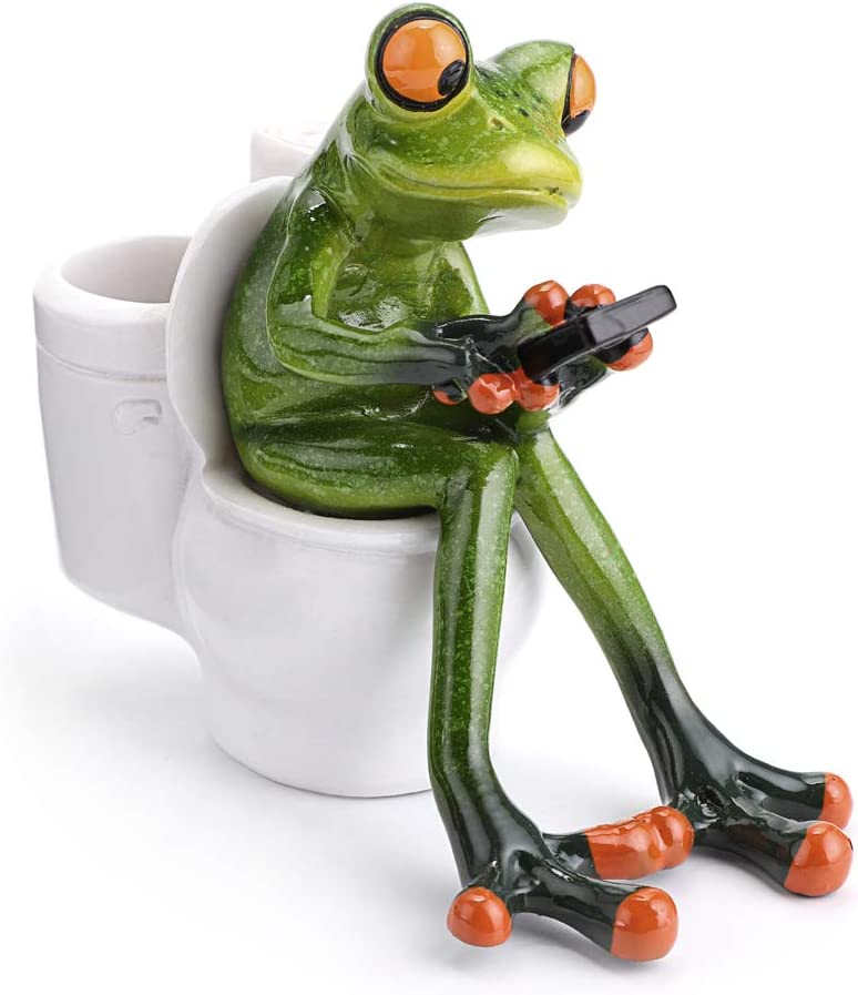 3D Craft Frog Figurine Statue Pencil Holder, Funny Green Frog Texting On Toilet for Tabletop Decoration