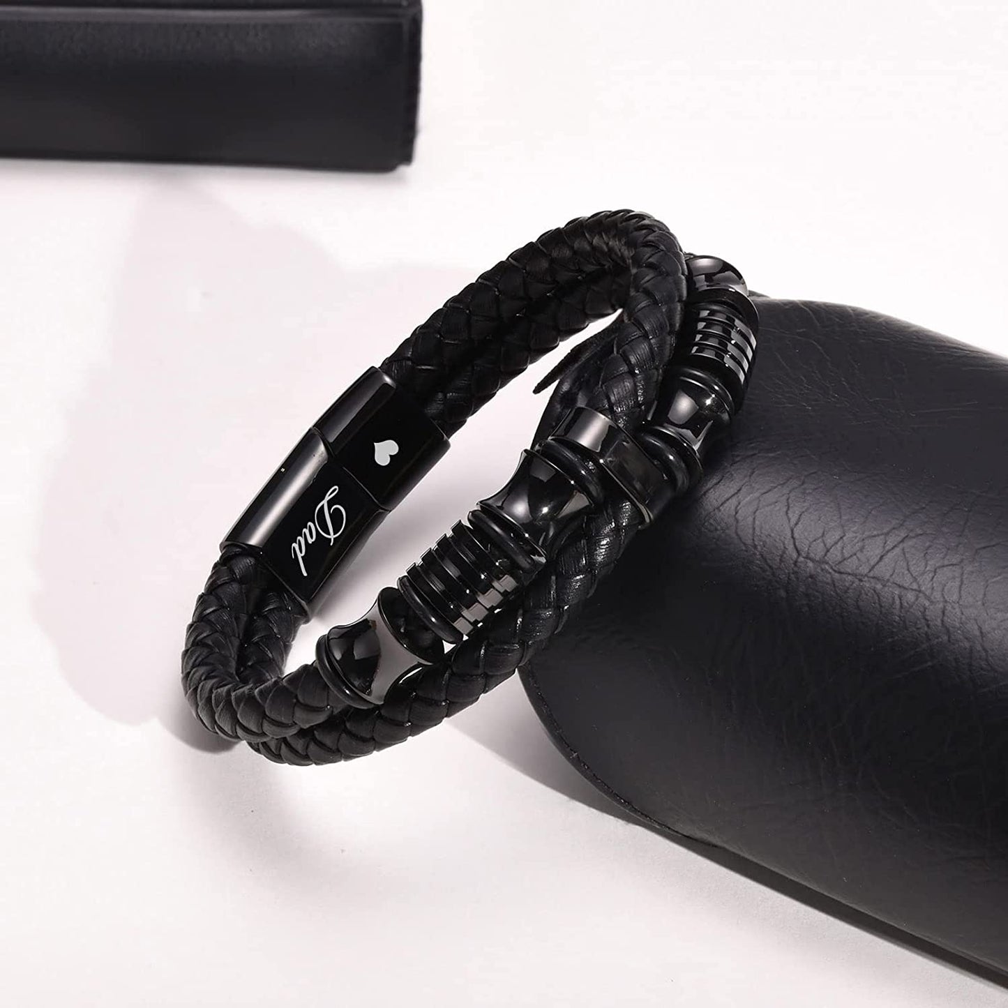 Premium Genuine Leather Bracelet for Dad Son Handsome Black Stainless Steel Magnetic Clasp Bracelet for Father's Day Gift