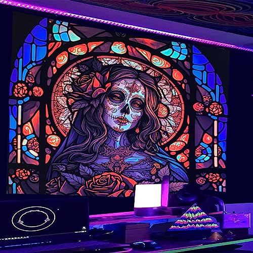 Blacklight Tapestry Sugar Skull Halloween UV Reactive Trippy Neon Tapestries Glow in the Dark Party Backdrop,