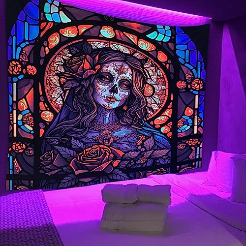 Blacklight Tapestry Sugar Skull Halloween UV Reactive Trippy Neon Tapestries Glow in the Dark Party Backdrop,