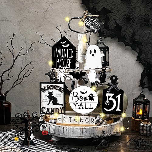 15 Pcs Halloween Tiered Tray Set Cute Wooden Signs Farmhouse Rustic