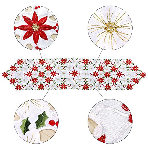 Poinsettia Christmas Embroidered Table Runners 15 x 69 Inch