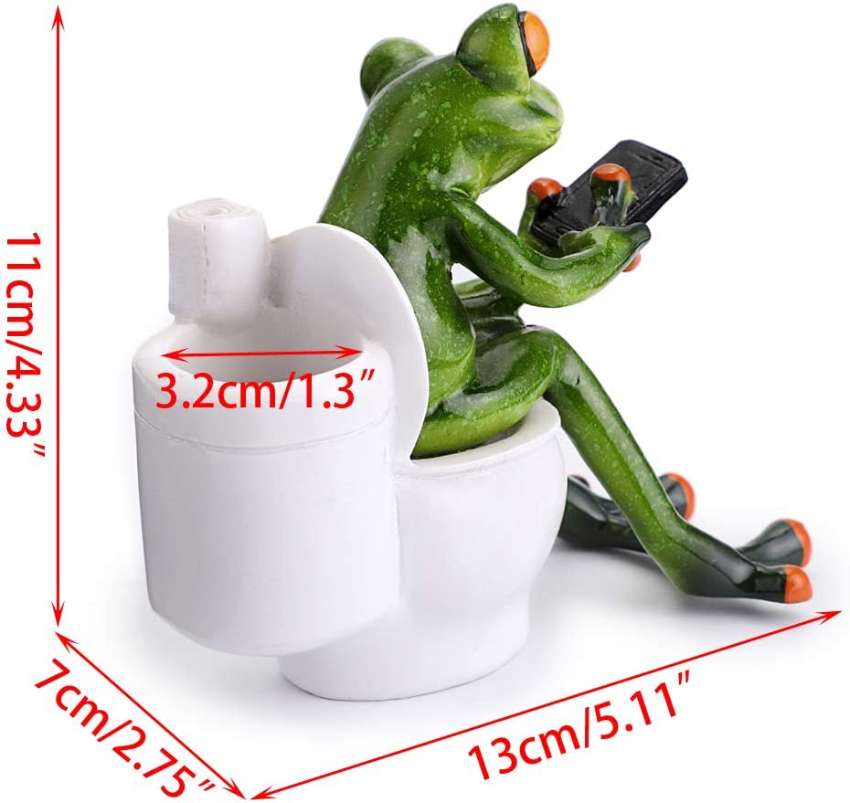3D Craft Frog Figurine Statue Pencil Holder, Funny Green Frog Texting On Toilet for Tabletop Decoration