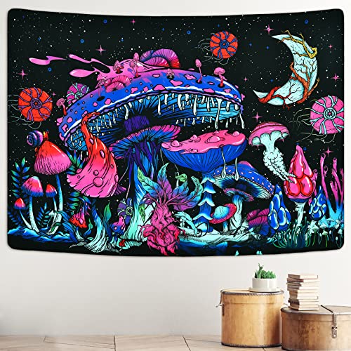 Mushroom Moon and Stars Plants Starry Night Sky Monster Tapestry Wall Hanging for Room