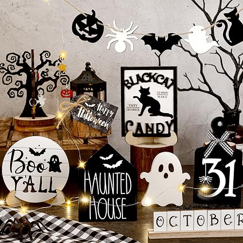15 Pcs Halloween Tiered Tray Set Cute Wooden Signs Farmhouse Rustic