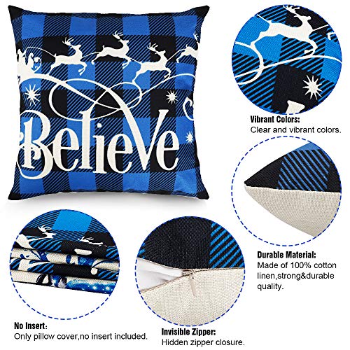 Set of 4 Christmas Decorations Black and Blue Buffalo Plaid Winter Holiday Cushion Cover 18x18.