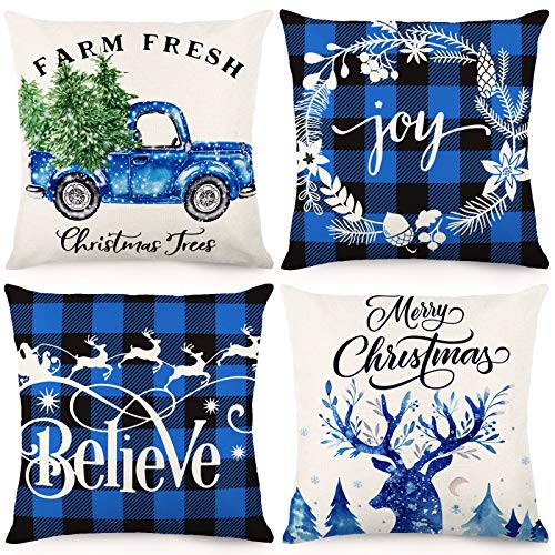 Set of 4 Christmas Decorations Black and Blue Buffalo Plaid Winter Holiday Cushion Cover 18x18.