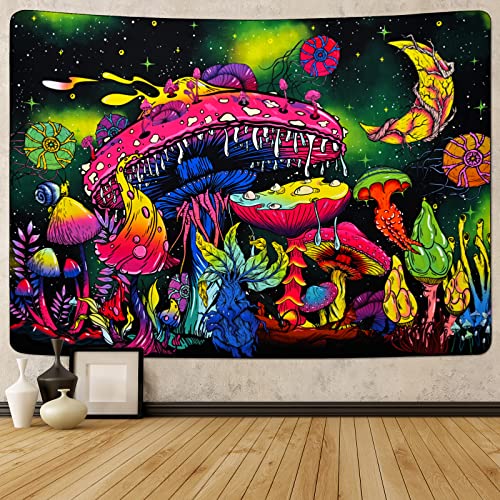 Mushroom Moon and Stars Plants Starry Night Sky Monster Tapestry Wall Hanging for Room