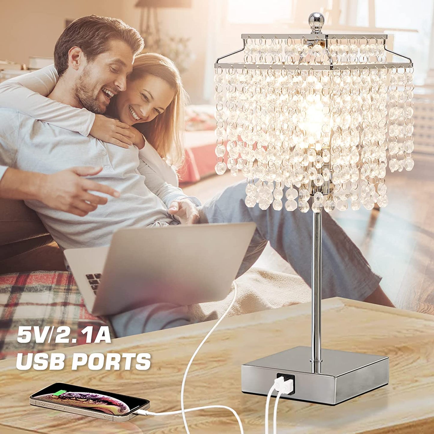 Set of 2 Silver Touch Control Crystal Table Lamp