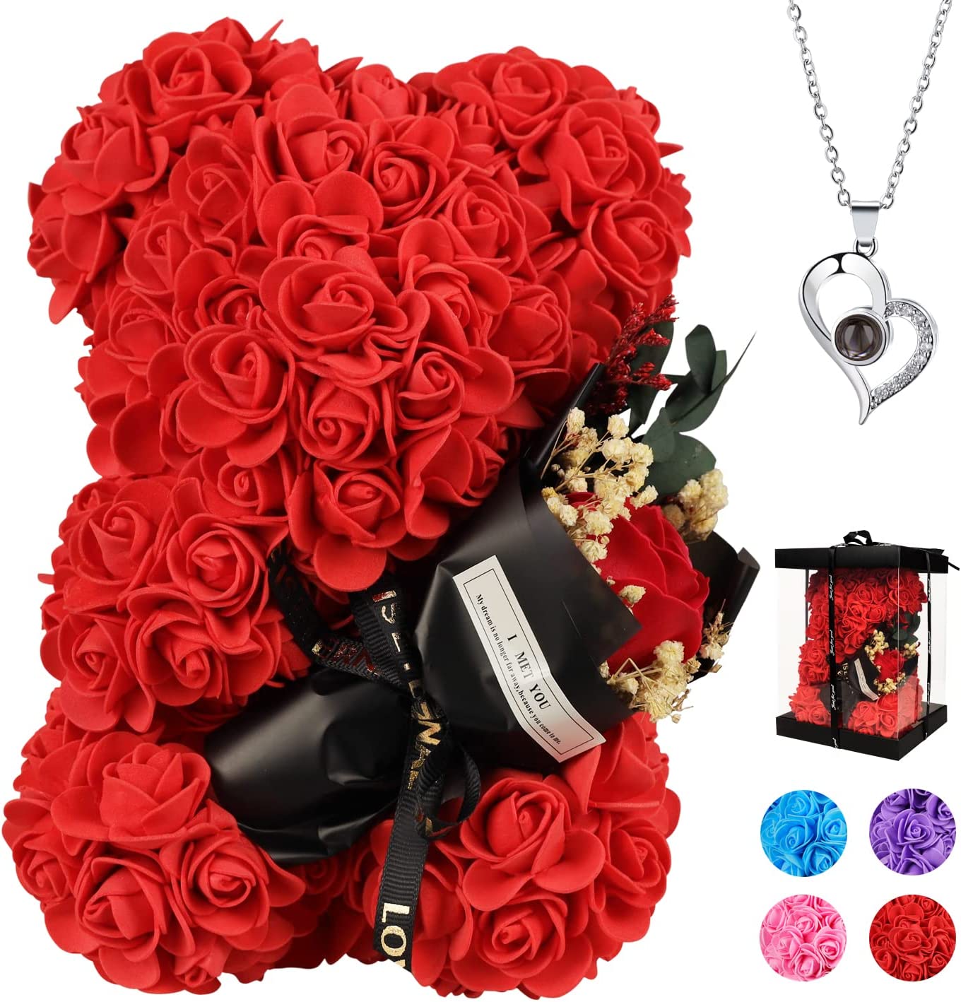 Valentines Day Gifts for Her, Rose Bear w/ I Love You Necklace 100 Languages, Red