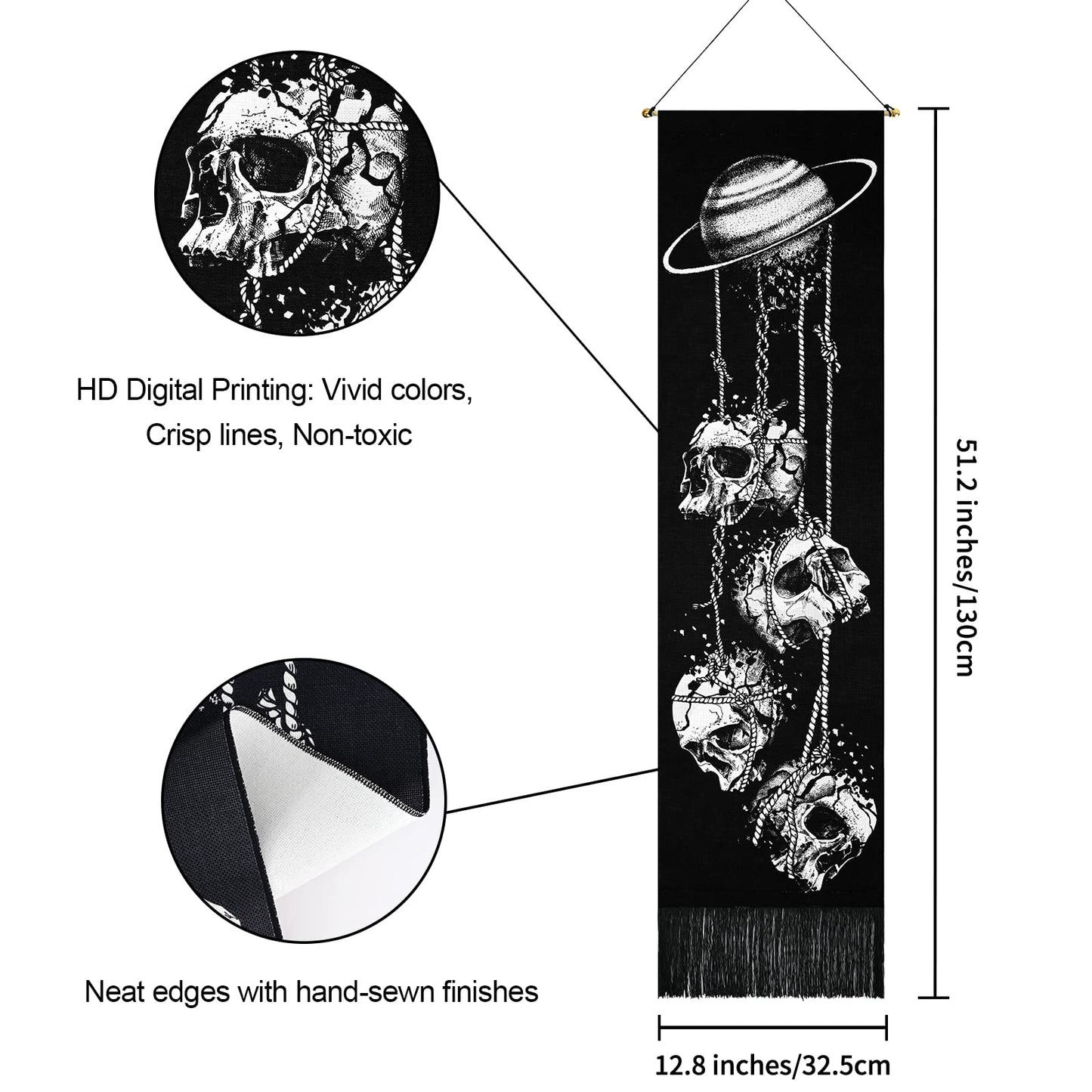 Skeleton Tapestry Planet Gothic Skull White and Black for Bedroom, Living Room