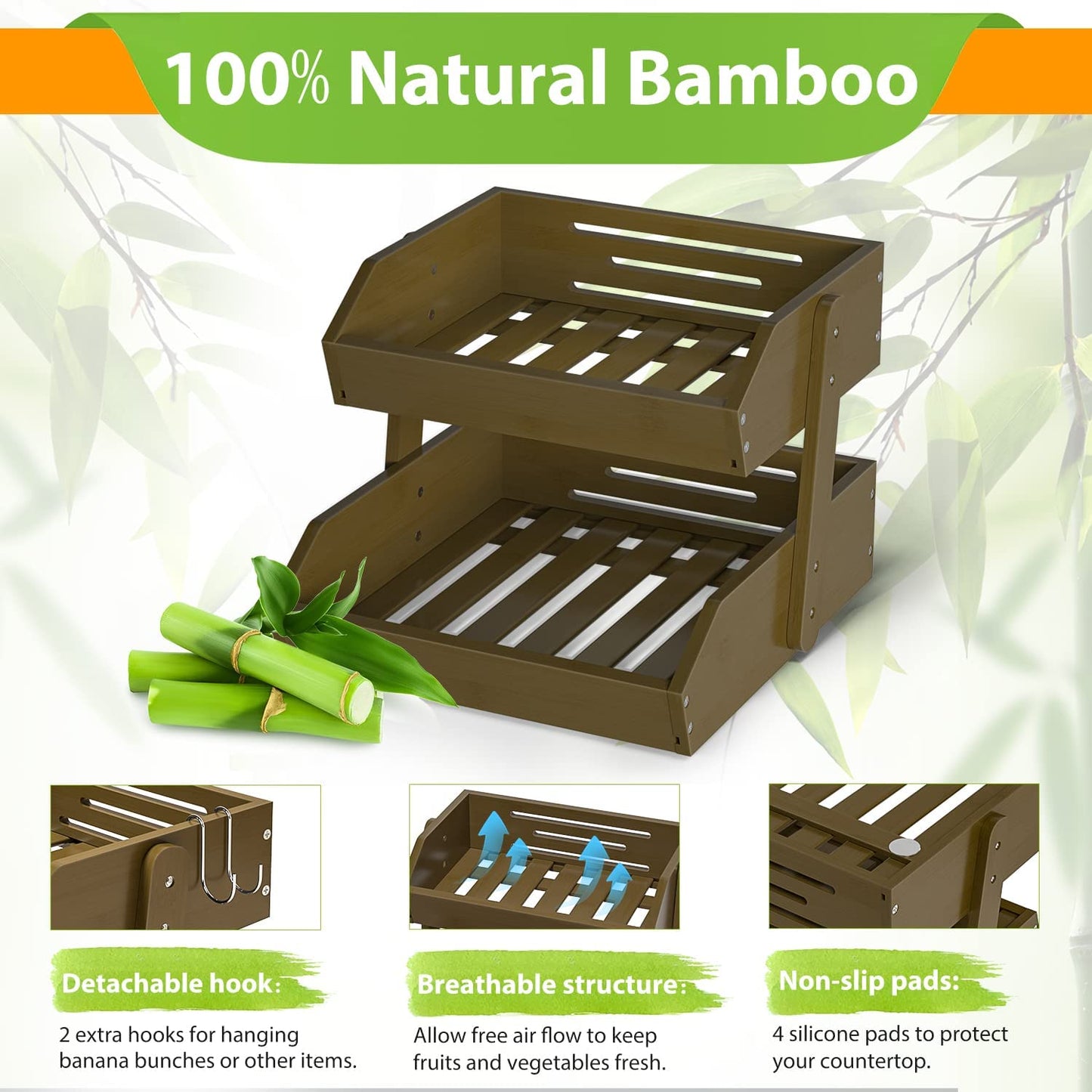 Bamboo Fruit Basket â 2 Tier Fruit Bowl For Kitchen Counter, Large Capacity Fruit Holder w/ 2 Banana Hangers (WALNUT)