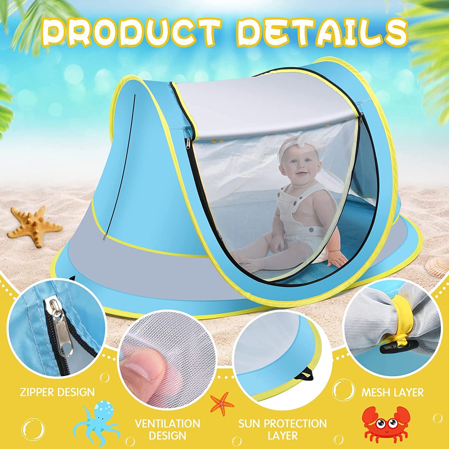 Large Pop Up Beach Tent Sun Shade for Beach,Portable Baby Travel Tent w/ Mosquito Net UPF 50+ UV Protection