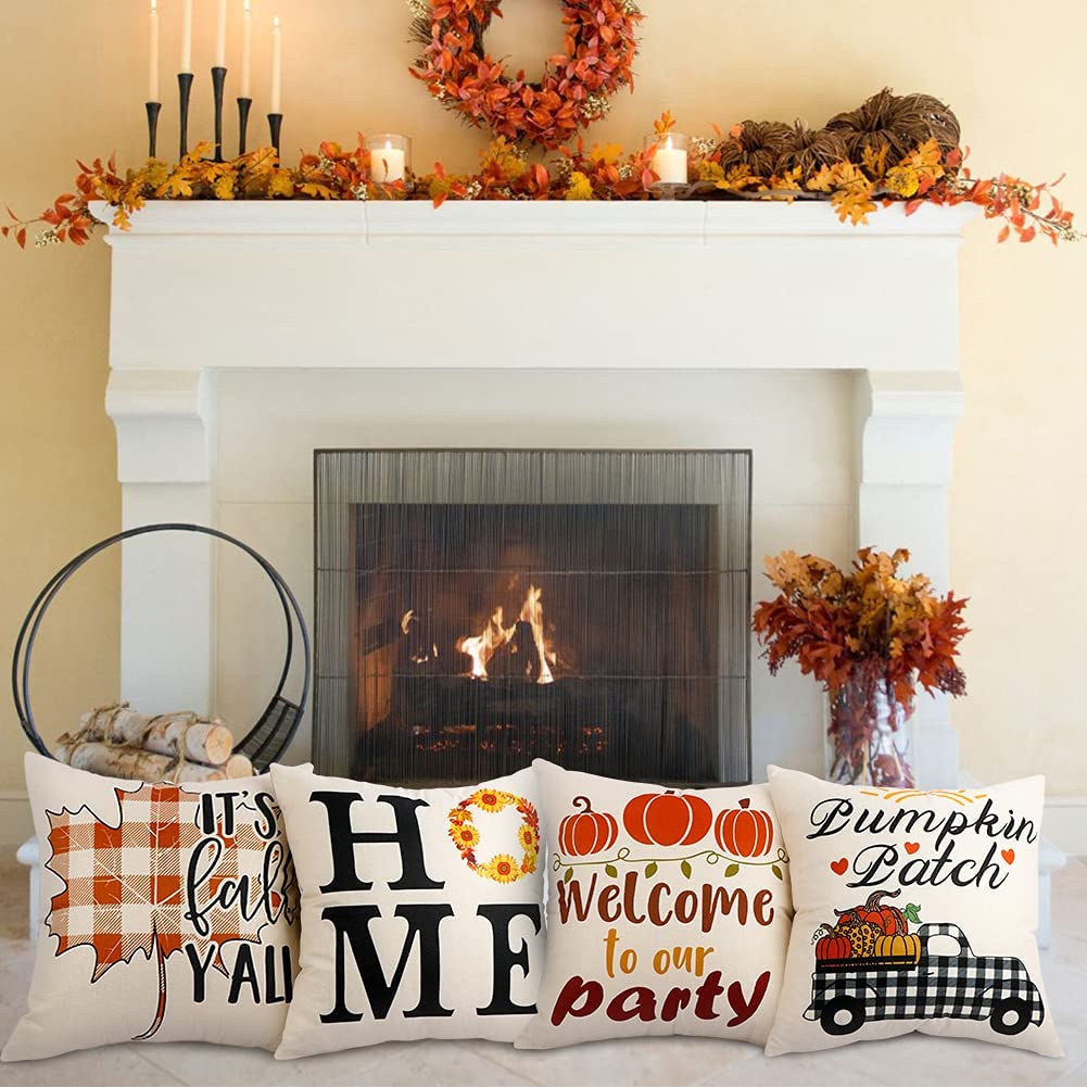 Set of 4 Decorative Buffalo Plaid Home Pumpkin Maple Leaf Outdoor Pillow Cover Case 18x18