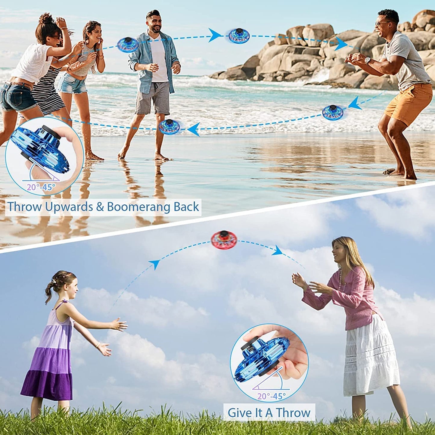 Flying Spinner Mini UFO Drone, Hand Controlled Boomerang Drone, Blue