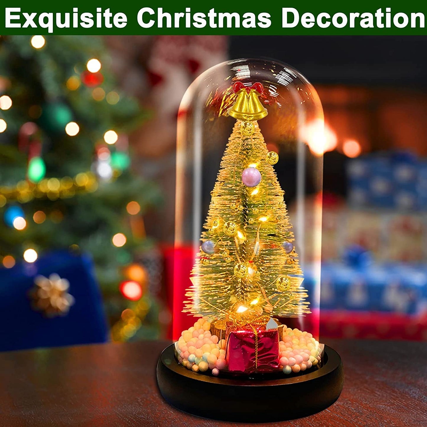 Pre-lit Christmas Tree in Glass Dome Christmas Decoration, Battery Operated