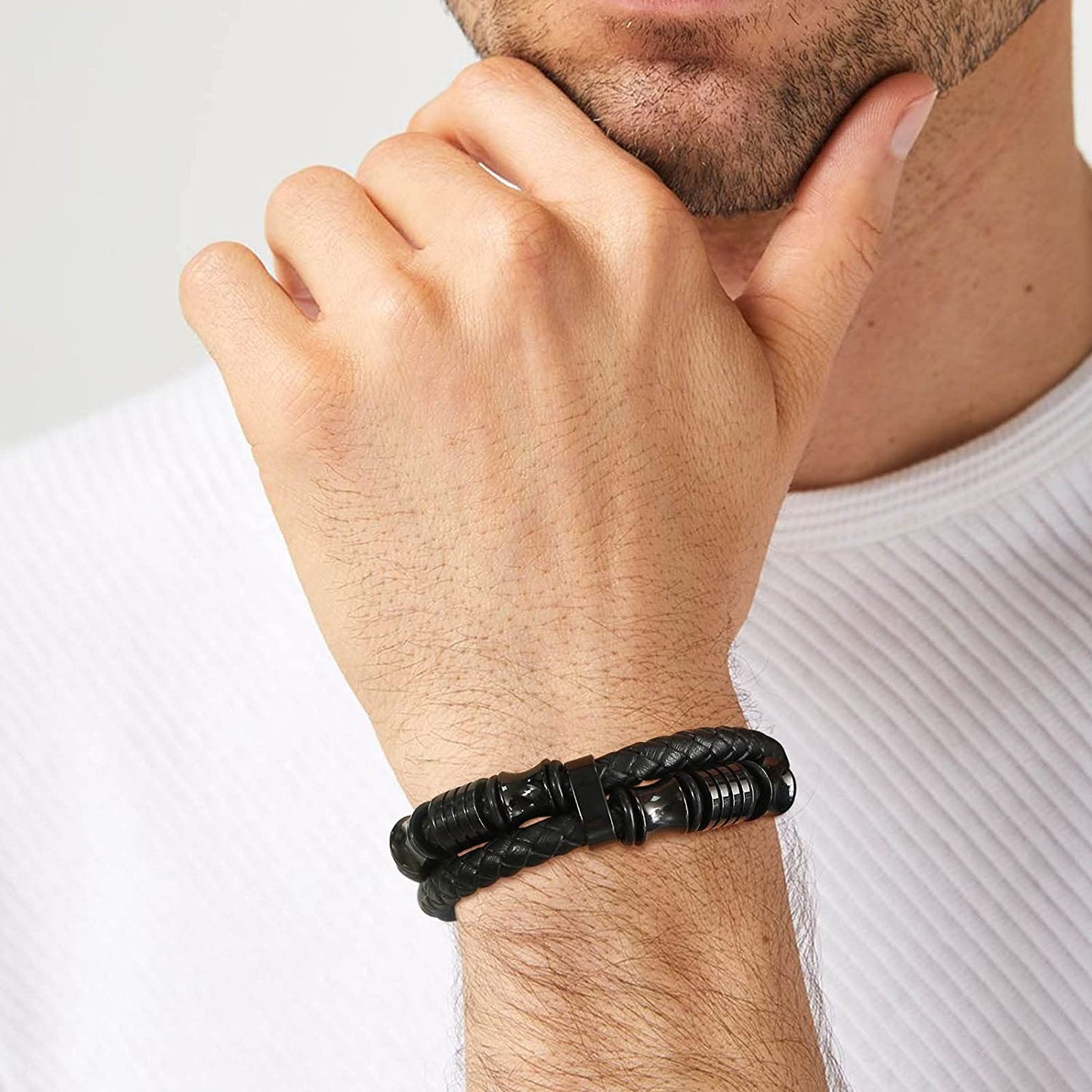 Premium Genuine Leather Bracelet for Dad Son Handsome Black Stainless Steel Magnetic Clasp Bracelet for Father's Day Gift