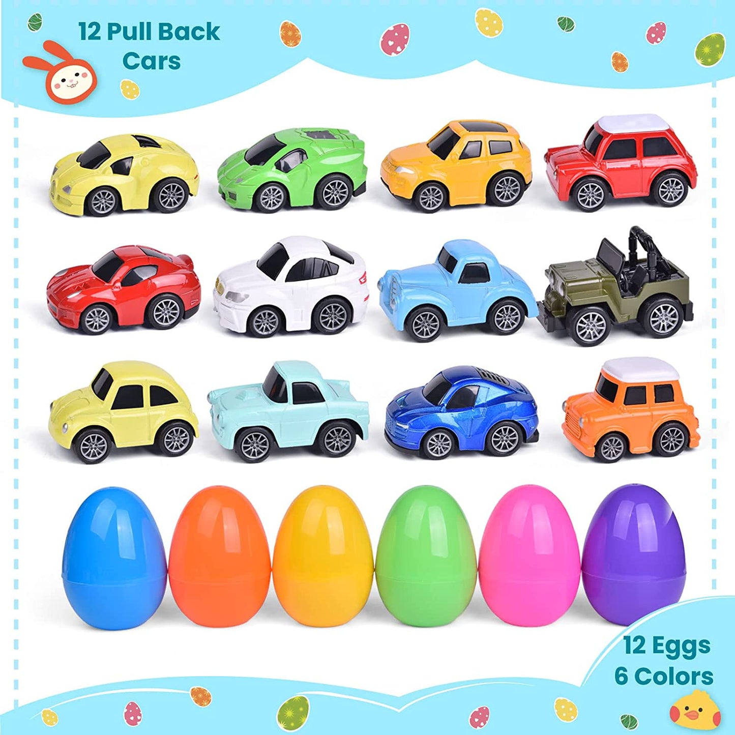 12Packs Easter Eggs Prefilled with Pull Back Cars, Diecast Cars Toy Vehicles for Toddlers, Easter Basket Stuffers