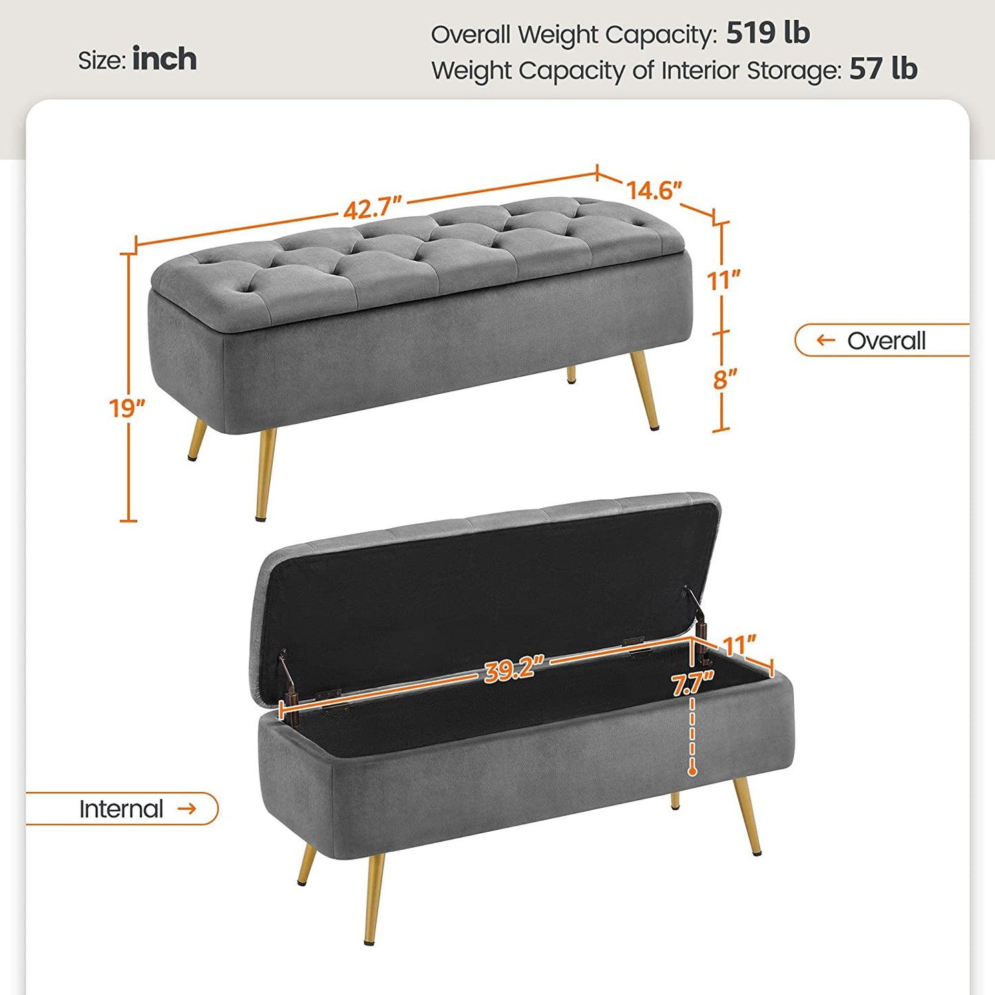Folding Storage Ottoman Bench 42.7 Inches -Gray