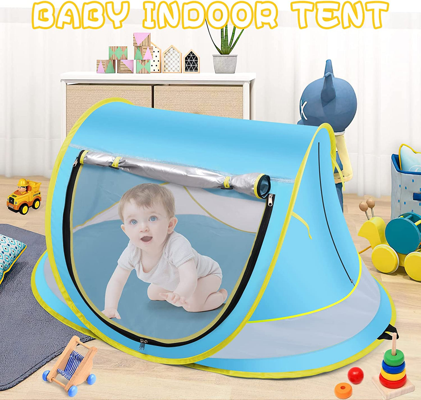 Large Pop Up Beach Tent Sun Shade for Beach,Portable Baby Travel Tent w/ Mosquito Net UPF 50+ UV Protection