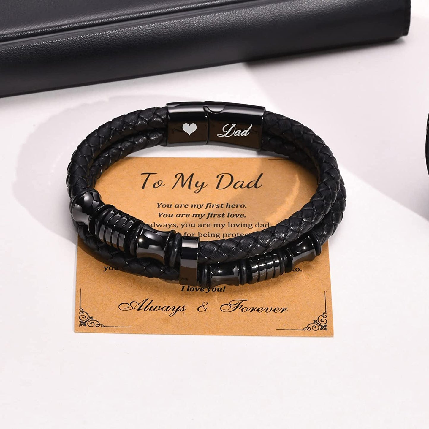 Premium Genuine Leather Bracelet for Dad Son Handsome Black Stainless Steel Magnetic Clasp Bracelet for Father's Day Gift