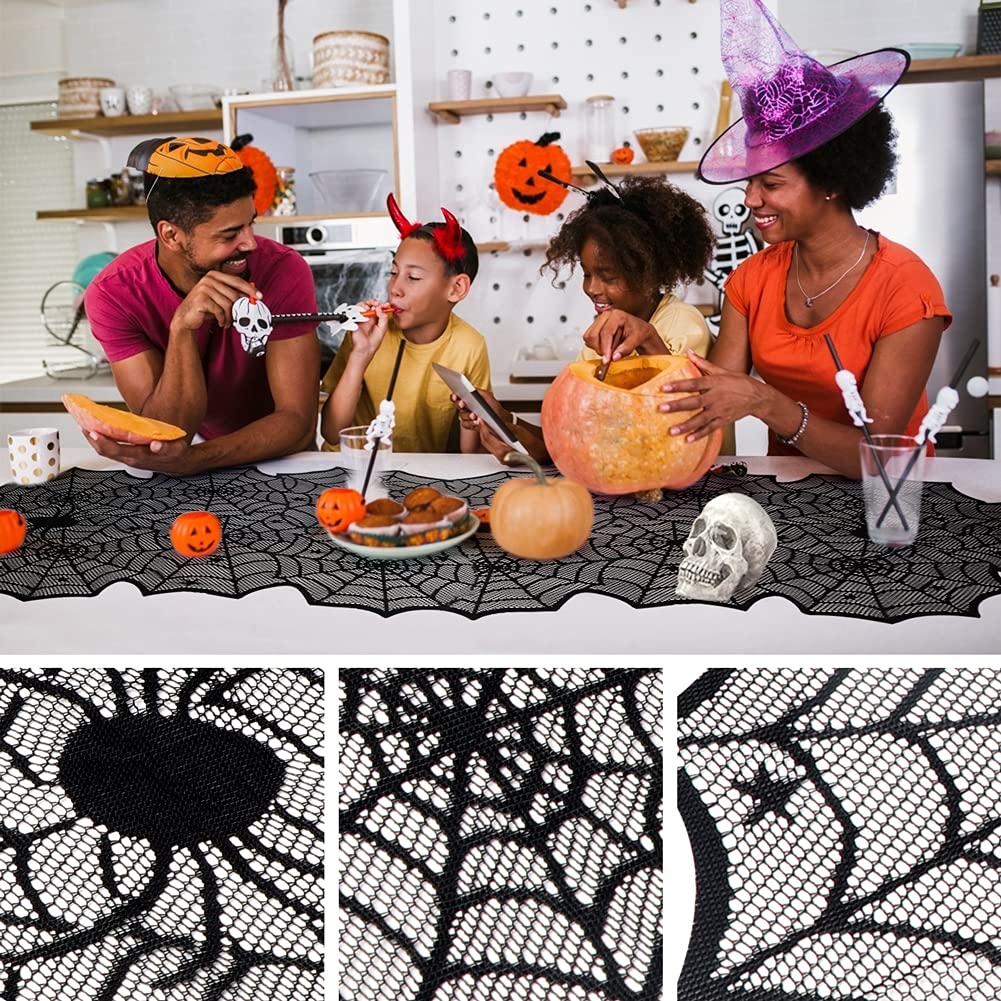 Table Runner, Black Lace Spider Web Table for Halloween Table Creepy Table Cloth