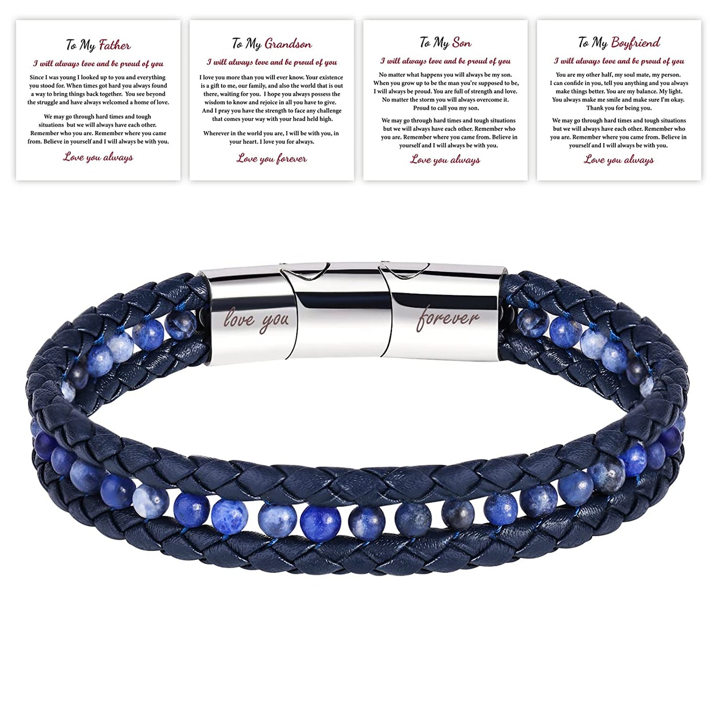 To My Father Leather Bracelets For Men, Blue- Fathers Day Gift w/ Box