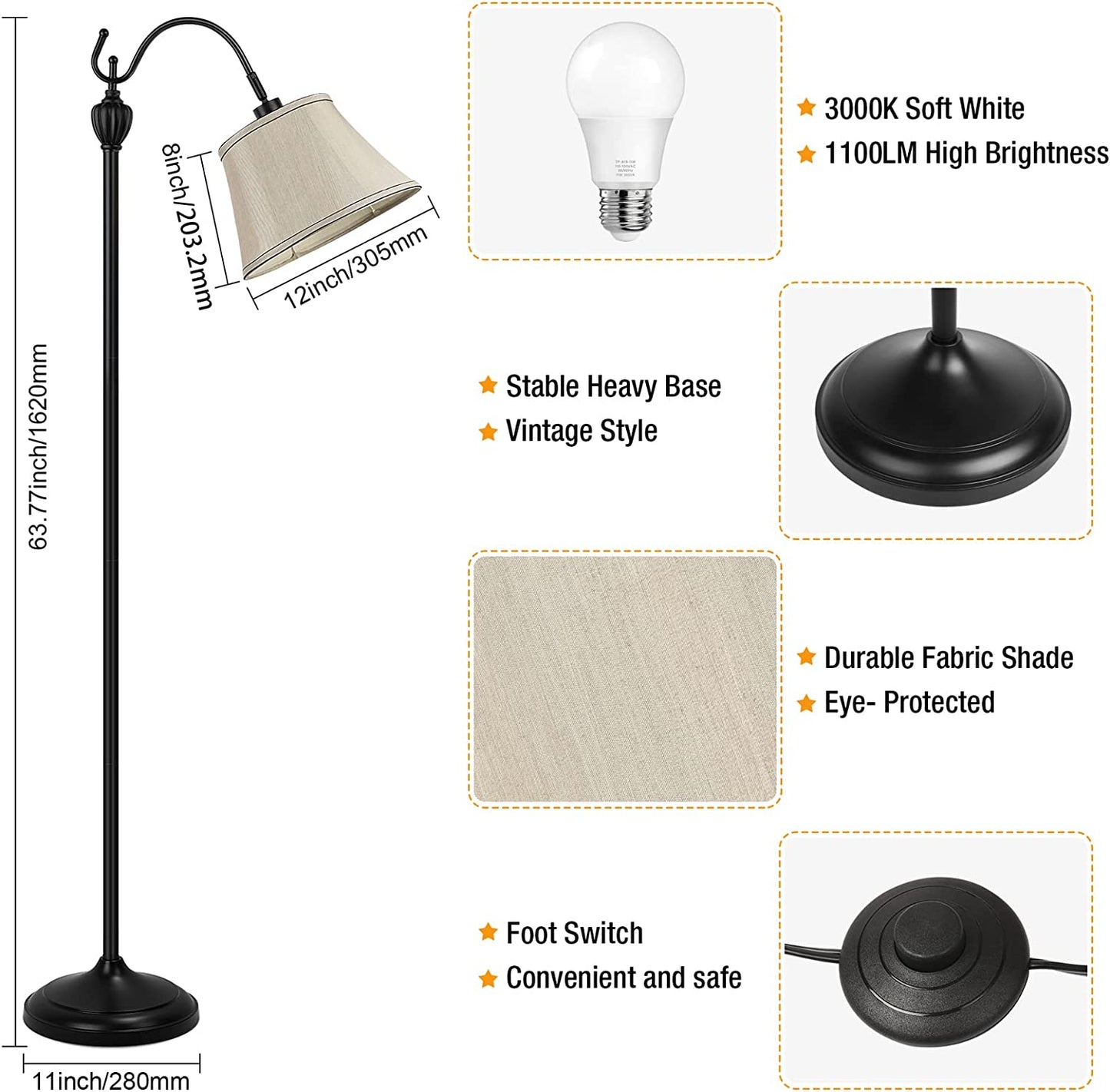 Floor Lamps for Living Room, Tall Standing Lamp with Shade, LED Farmhouse Pole Vintage, Black
