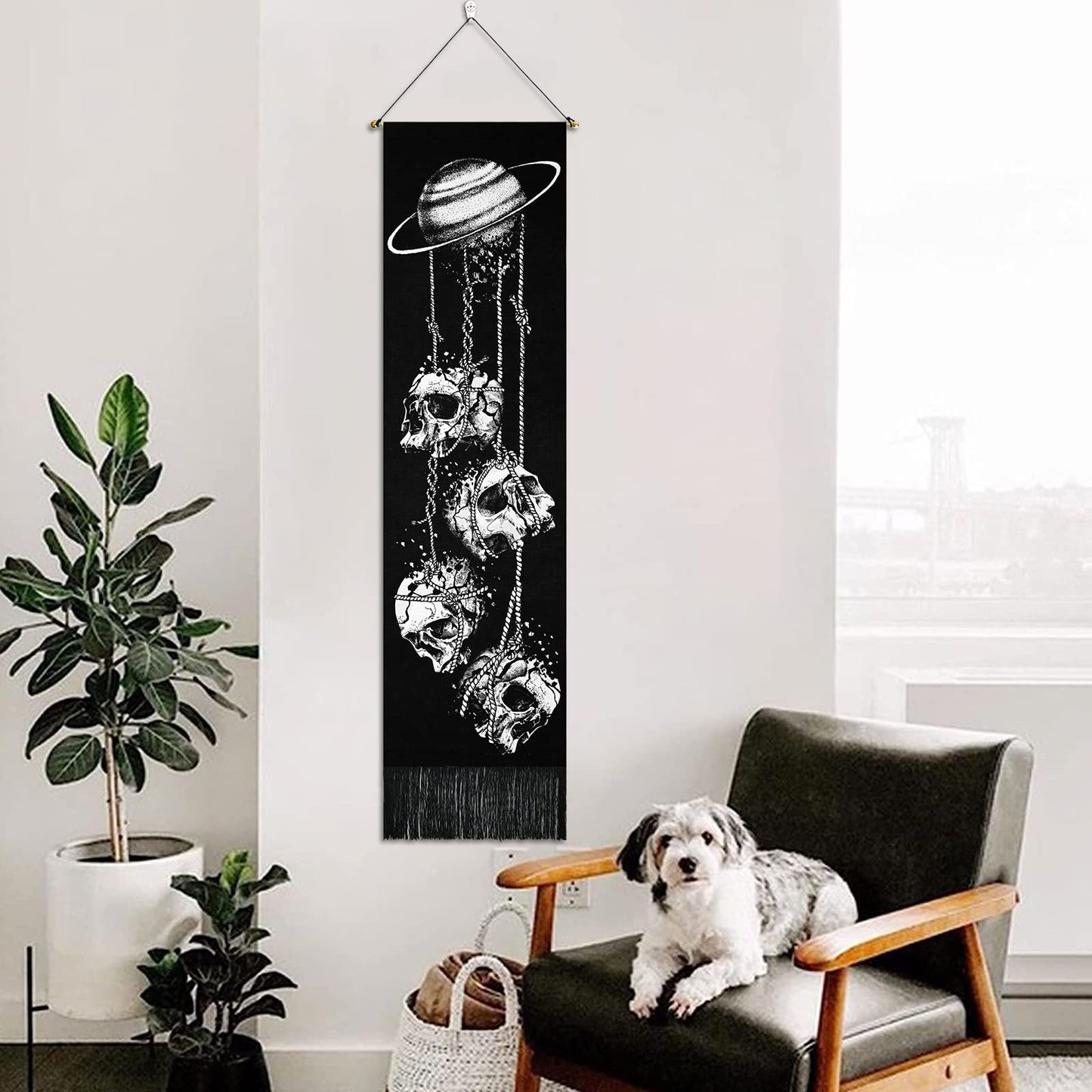 Skeleton Tapestry Planet Gothic Skull White and Black for Bedroom, Living Room