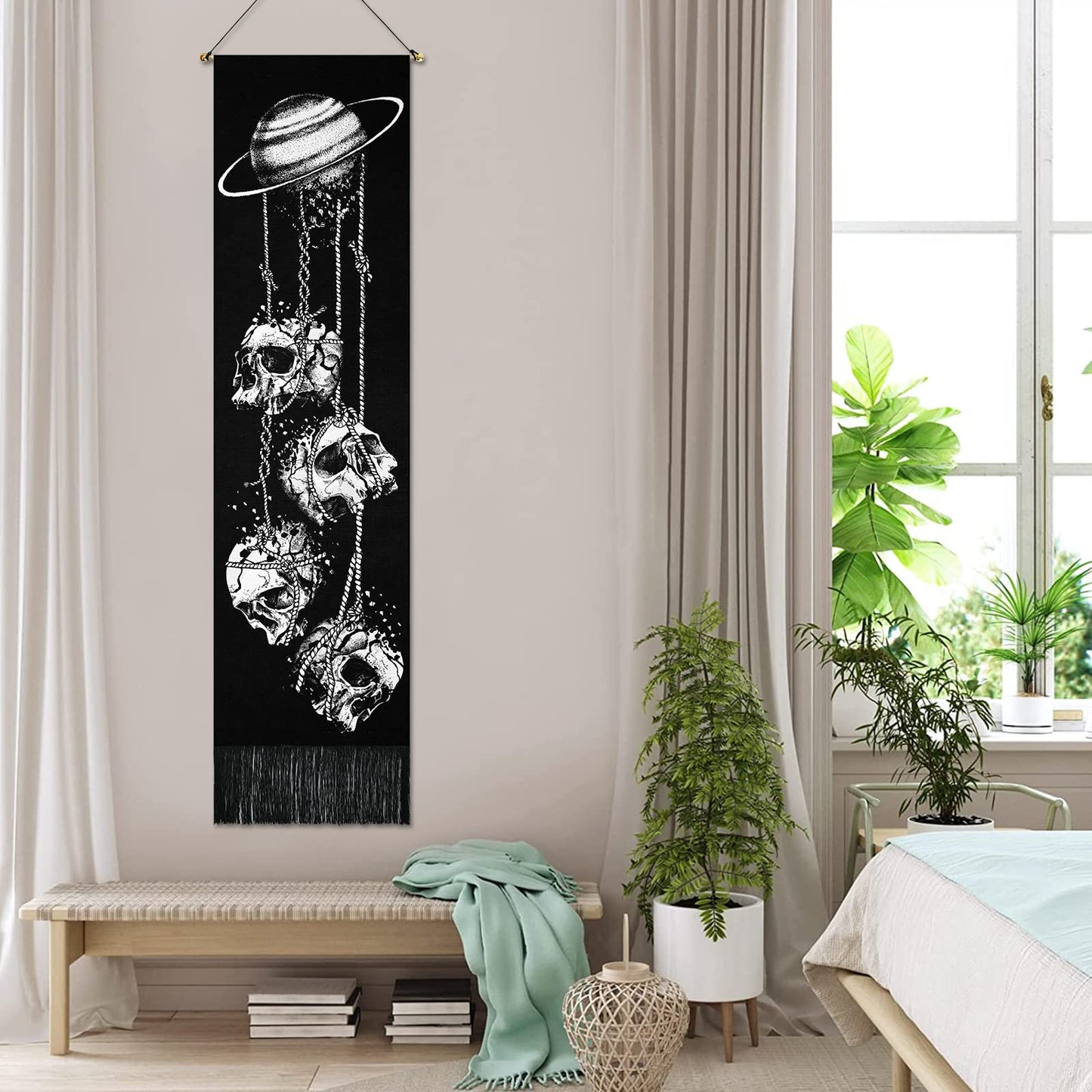 Skeleton Tapestry Planet Gothic Skull White and Black for Bedroom, Living Room