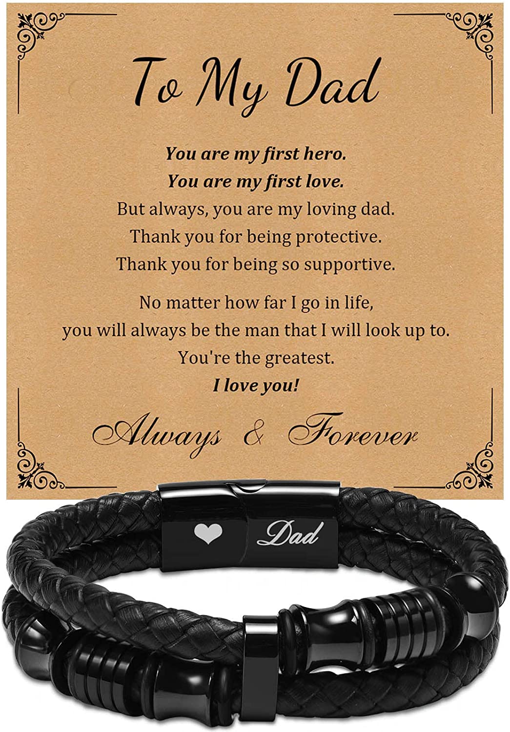 Premium Genuine Leather Bracelet for Dad Son Handsome Black Stainless Steel Magnetic Clasp Bracelet for Father's Day Gift