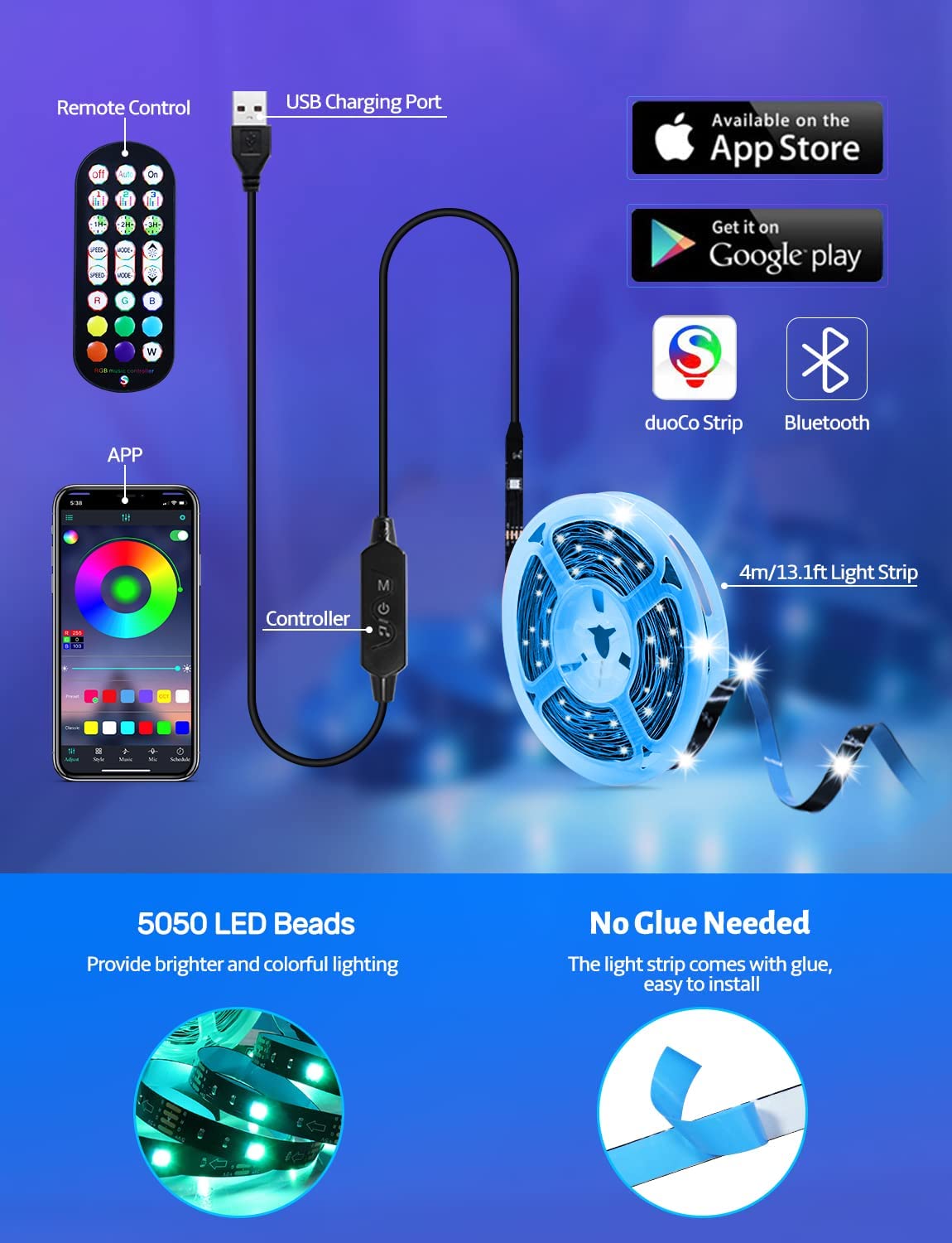 LED Lights for TV Led Backlight, 13.1ft RGB, for 45-60in TV w/ Bluetooth Smart App Remote