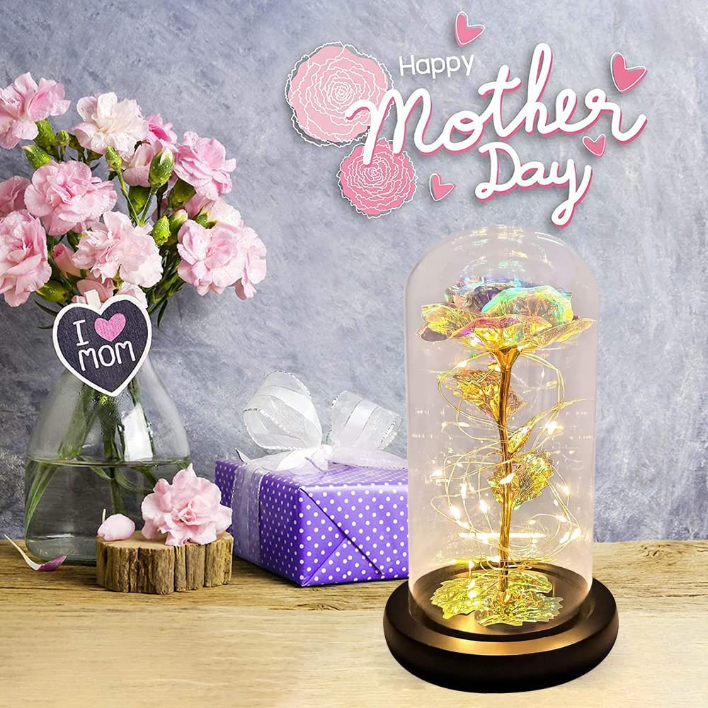 Forever Galaxy Roses Gifts, Eternal Rose, Artificial Flower Light Gift in A Glass Dome (Golden)