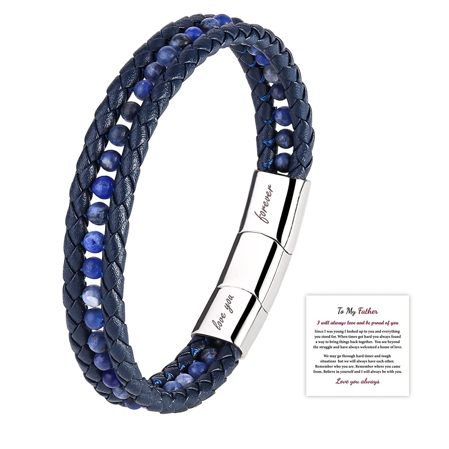 To My Father Leather Bracelets For Men, Blue- Fathers Day Gift w/ Box