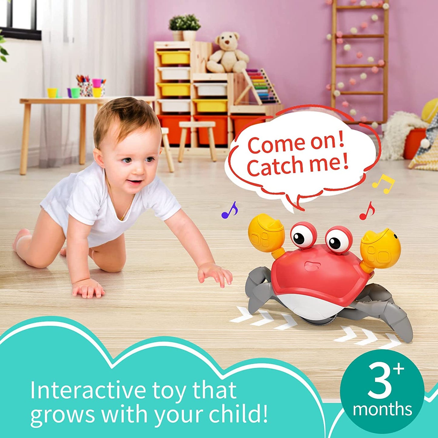 Red Crawling Crab Toys with Light Up, Interactive Musical w/ Automatically Avoid Obstacles, USB Rechargeable