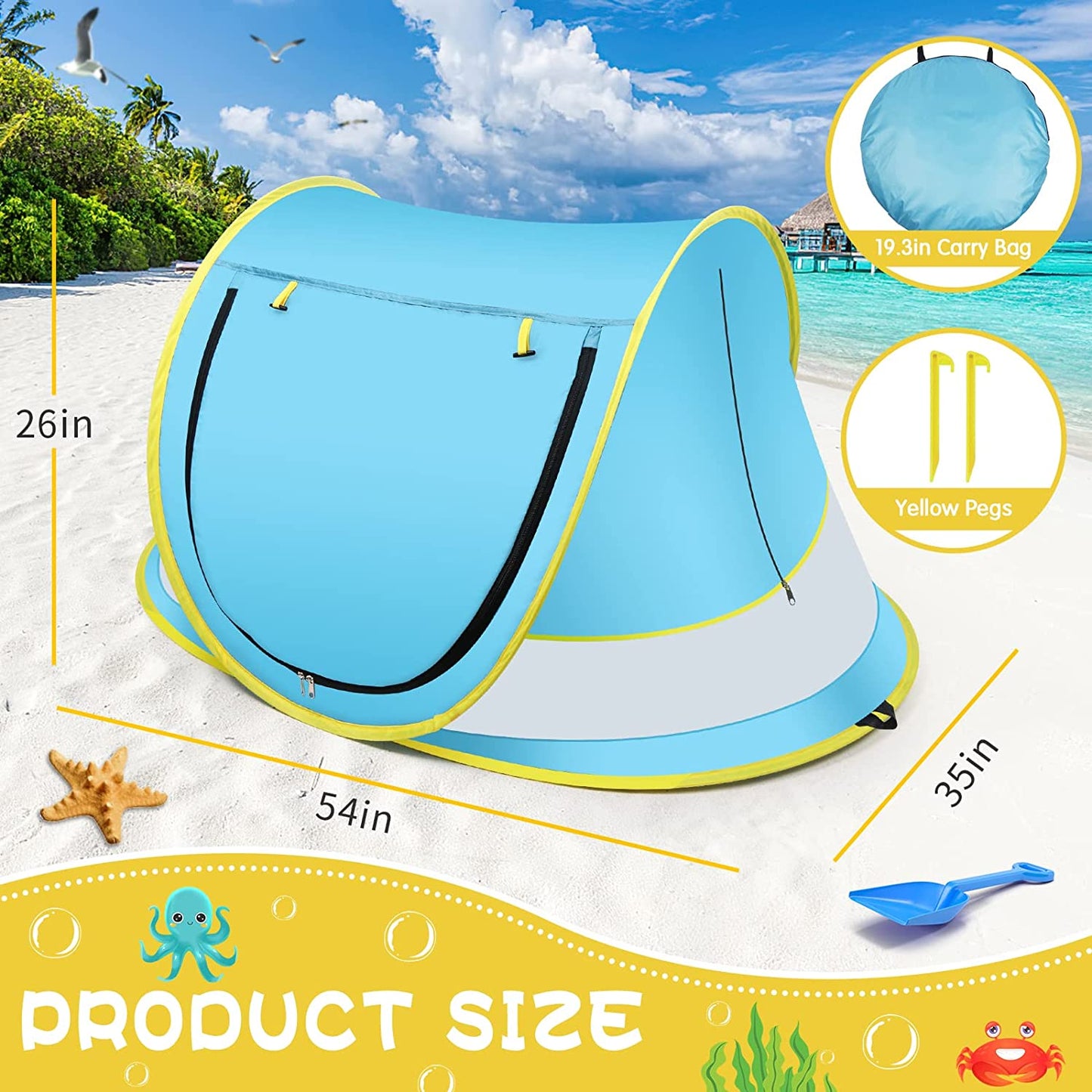 Large Pop Up Beach Tent Sun Shade for Beach,Portable Baby Travel Tent w/ Mosquito Net UPF 50+ UV Protection
